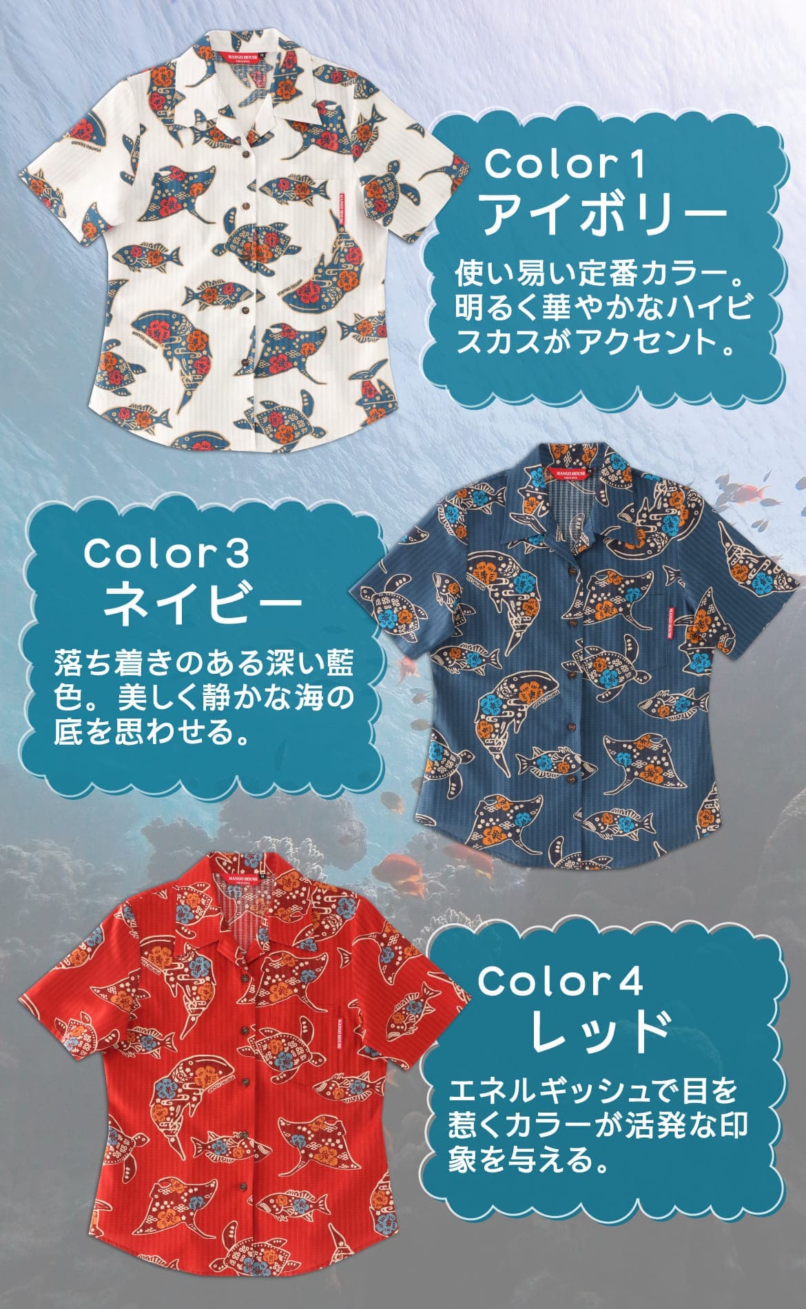 しい沖縄の海を自由気ままに泳ぐジンベエザメとおなじみの仲間たちをかわいくデザイン。