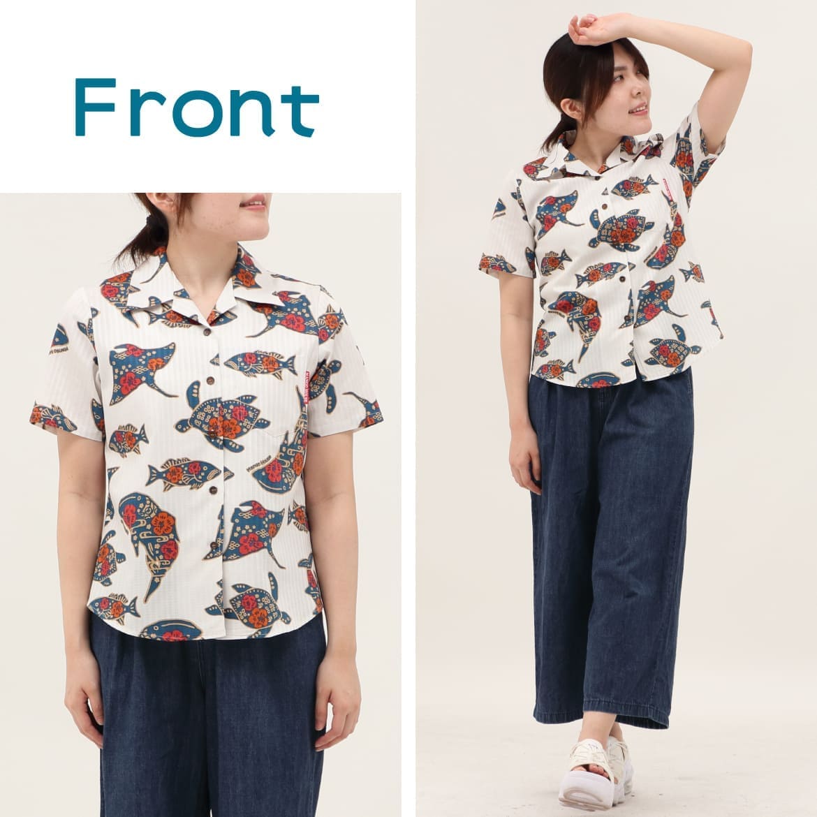 しい沖縄の海を自由気ままに泳ぐジンベエザメとおなじみの仲間たちをかわいくデザイン。