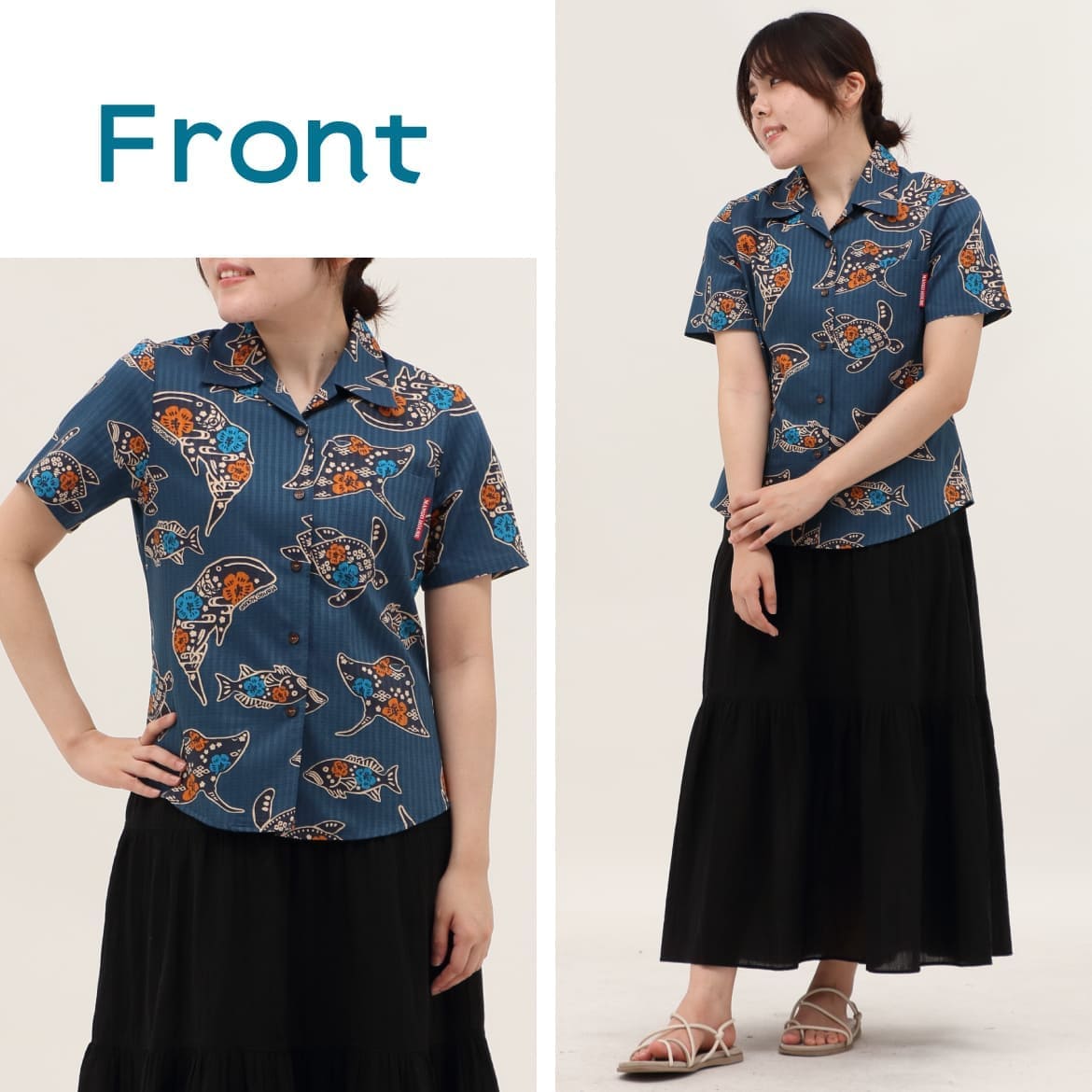 しい沖縄の海を自由気ままに泳ぐジンベエザメとおなじみの仲間たちをかわいくデザイン。