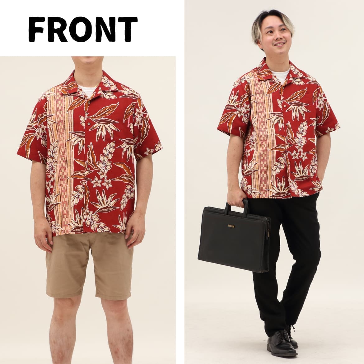 総柄とボーダー柄を組み合わせた新しい1 着！ストレチア(別名 極楽鳥花) と月桃、ミンサーを大人の雰囲気にアレンジした粋なデザインです。