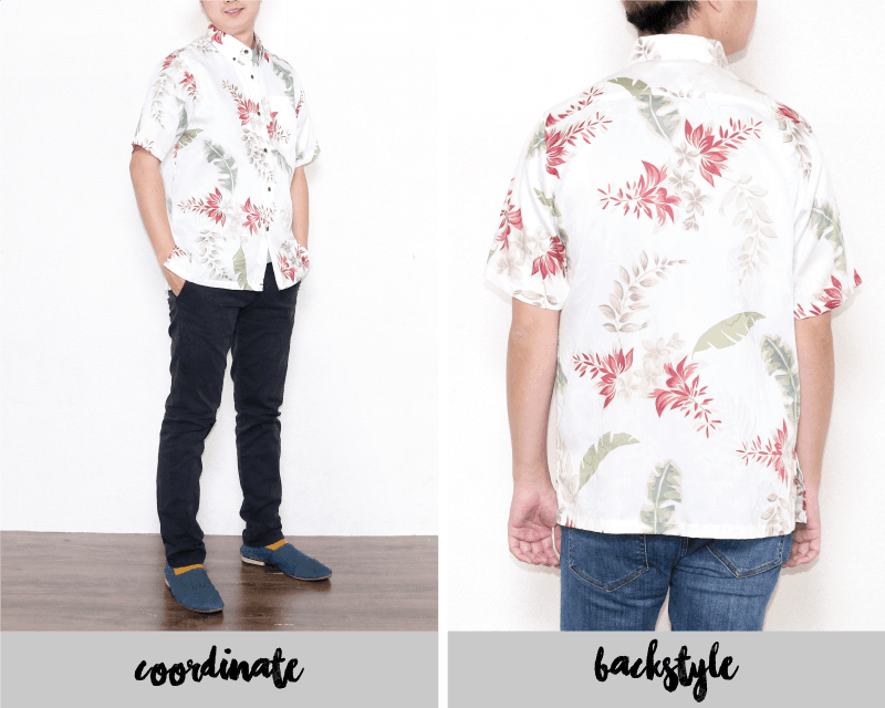 特別な気分を味わえるメンズスリム沖縄アロハシャツ　アイボリー　後