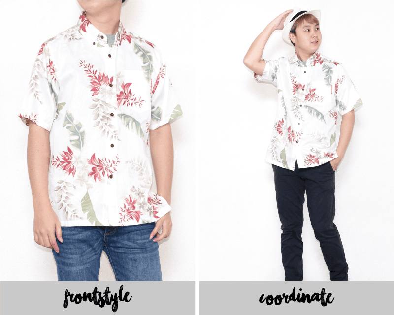 特別な気分を味わえるメンズスリム沖縄アロハシャツ　アイボリー　前