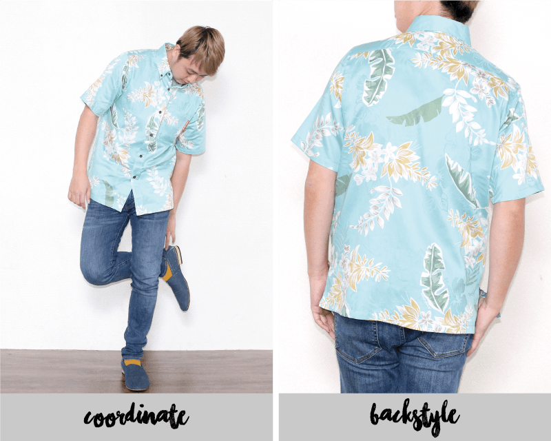 特別な気分を味わえるメンズスリム沖縄アロハシャツ　ターコイズ　後
