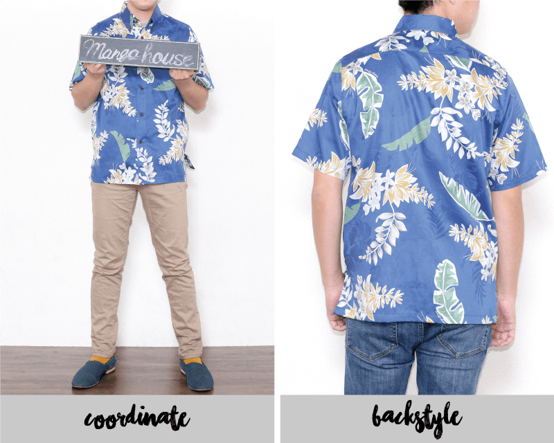 特別な気分を味わえるメンズスリム沖縄アロハシャツ　ネイビー　後