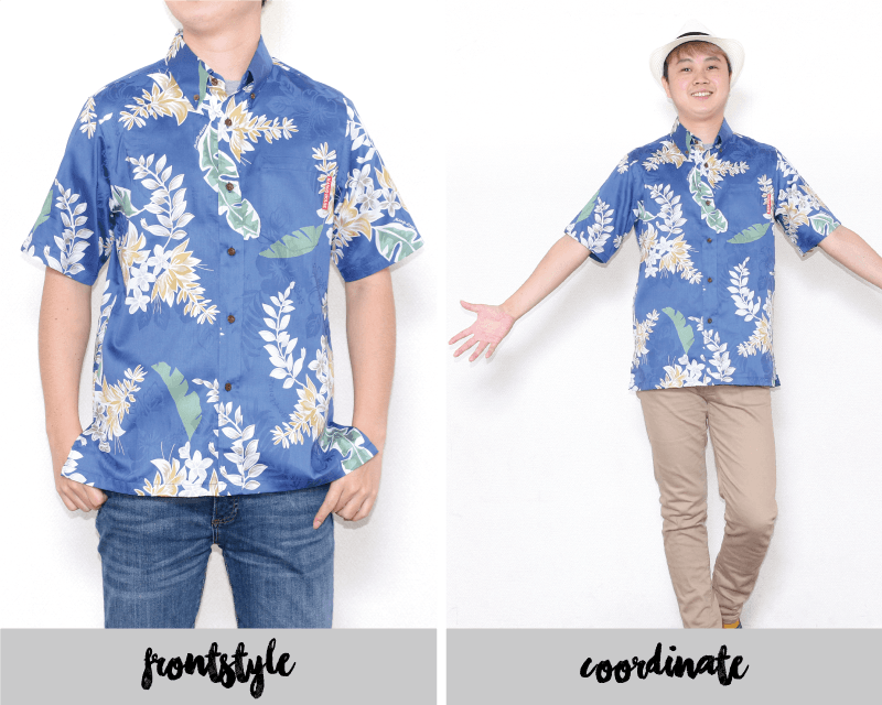 特別な気分を味わえるメンズスリム沖縄アロハシャツ　ネイビー　前