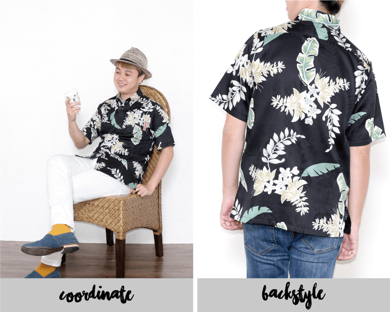特別な気分を味わえるメンズスリム沖縄アロハシャツ　ブラック　後