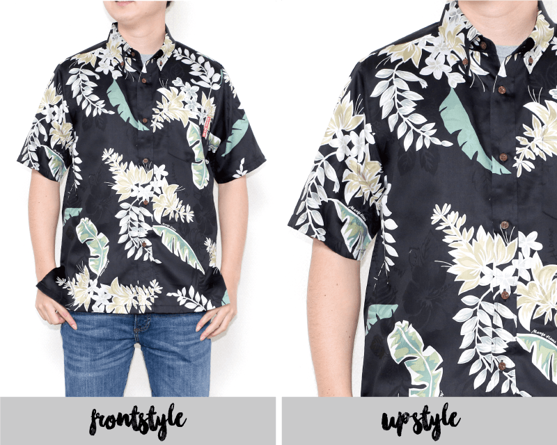 特別な気分を味わえるメンズスリム沖縄アロハシャツ　ブラック　前