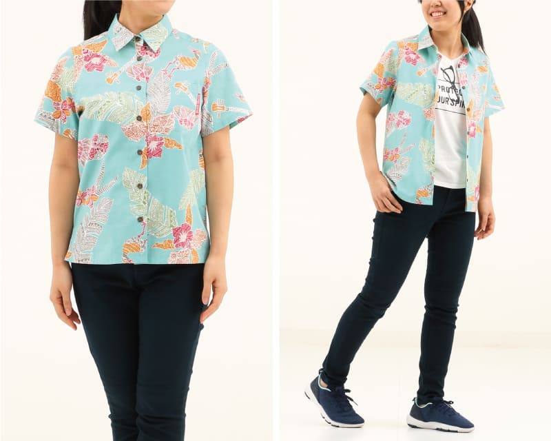 沖縄がたくさん詰まったカジュアルなレディースのオキナワンシャツ　ターコイズブルー　ディテール