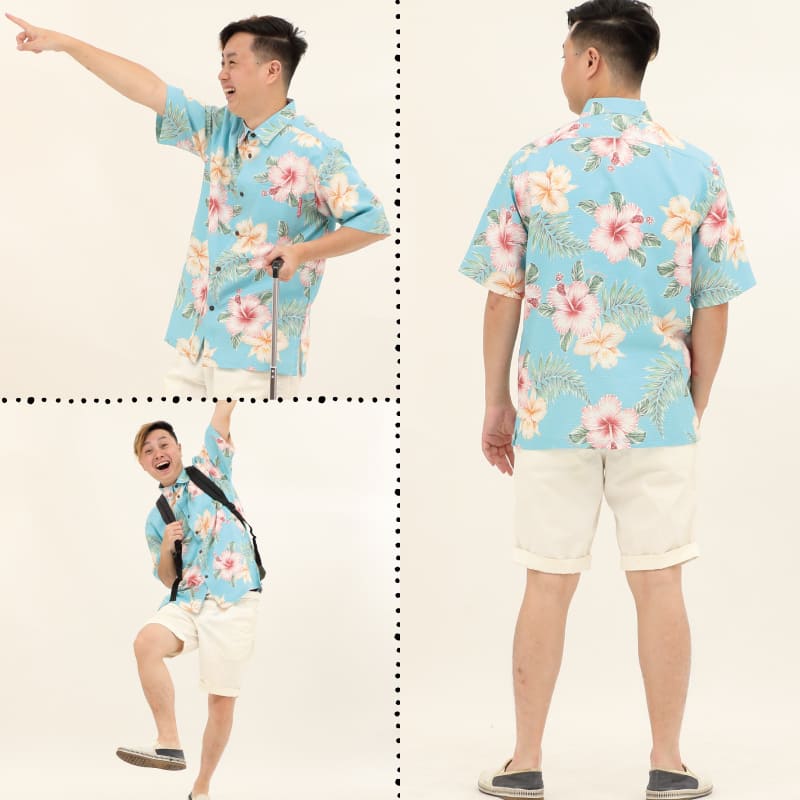 沖縄アロハシャツ　メンズ　かりゆしウェア ターコイズブルー