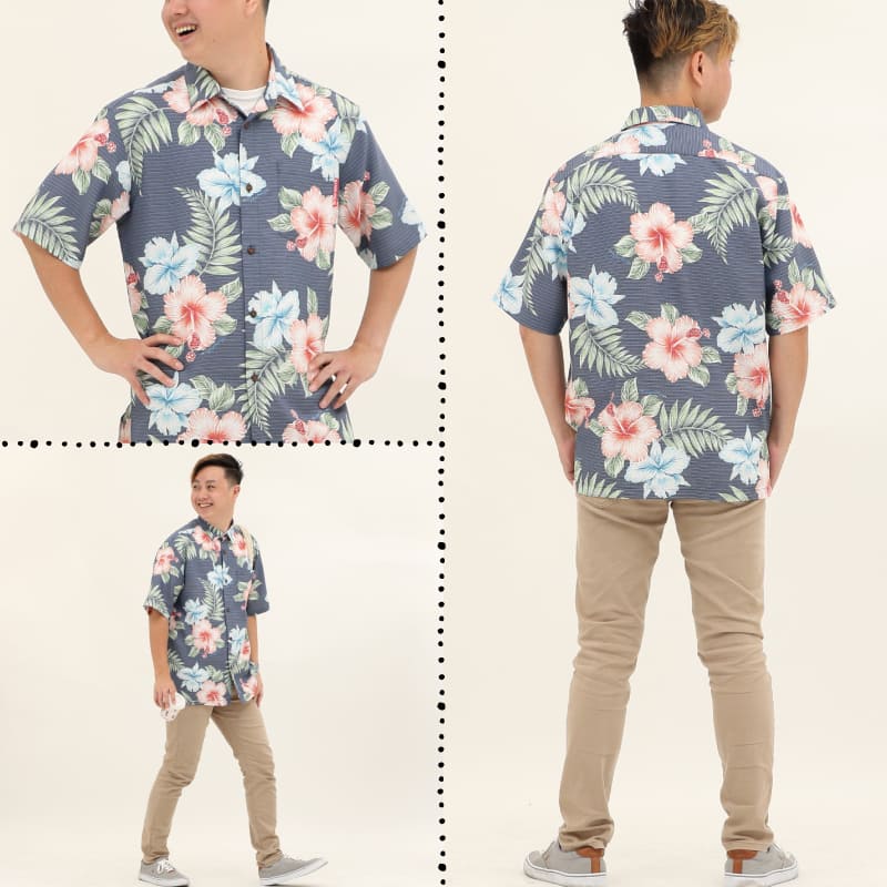 沖縄アロハシャツ　メンズ　かりゆしウェア ネイビー