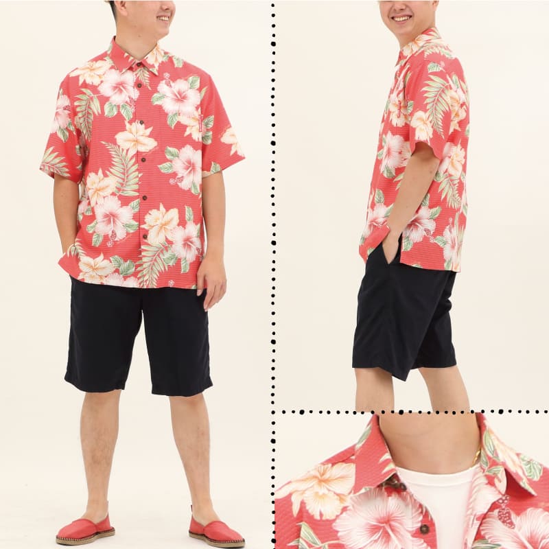 沖縄アロハシャツ　メンズ　かりゆしウェア レッド