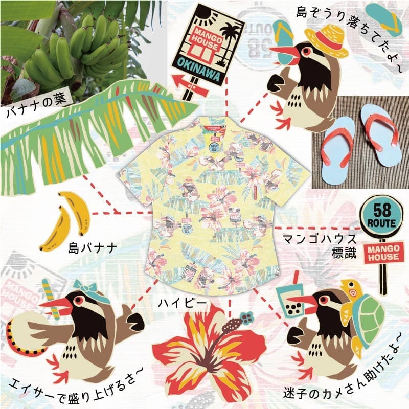 沖縄アロハシャツ　メンズ　かりゆしウェア　がんばるヤンバルクイナ デザイン