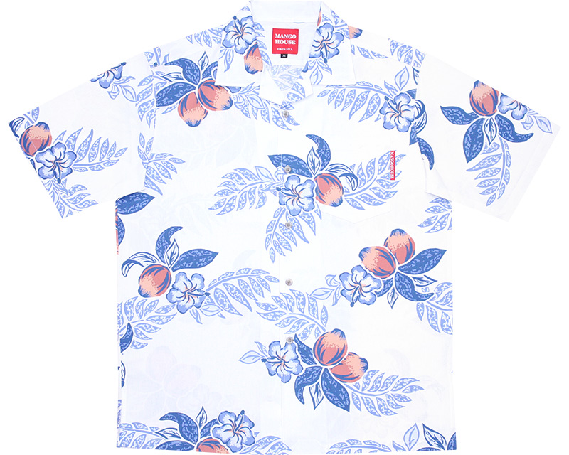 アロハシャツ－かりゆしウェア【マンゴハイビー（開襟シャツ）　メンズ】オフブルー