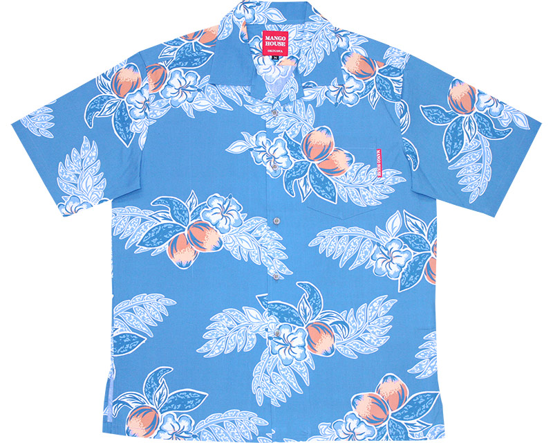 アロハシャツ－かりゆしウェア【マンゴハイビー（開襟シャツ）　メンズ】ブルー