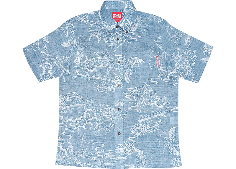 アロハシャツ　メンズスリム　かりゆしウェア　ブルー