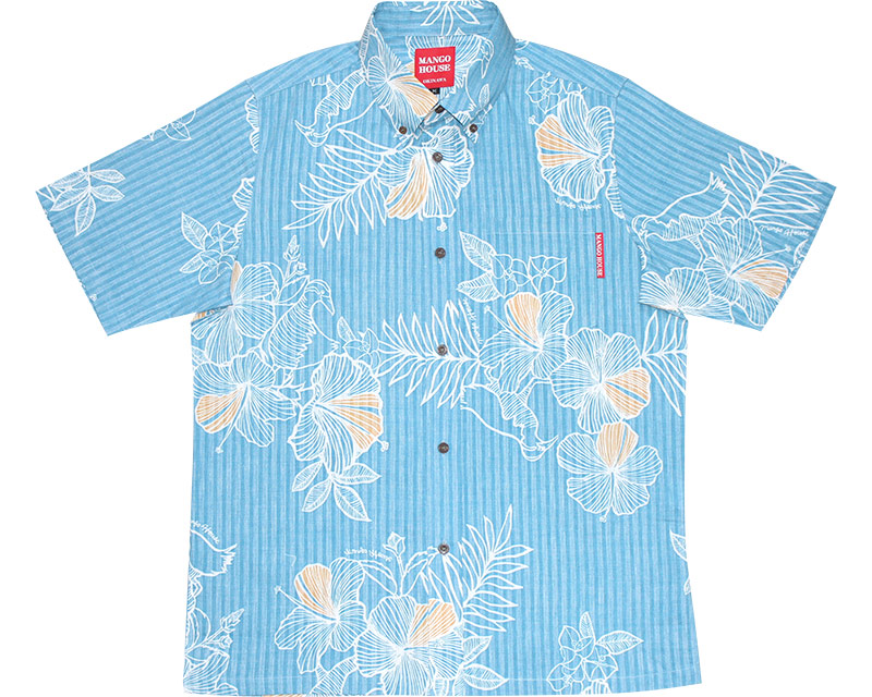 アロハシャツ　メンズスリム　かりゆしウェア　ライトブルー