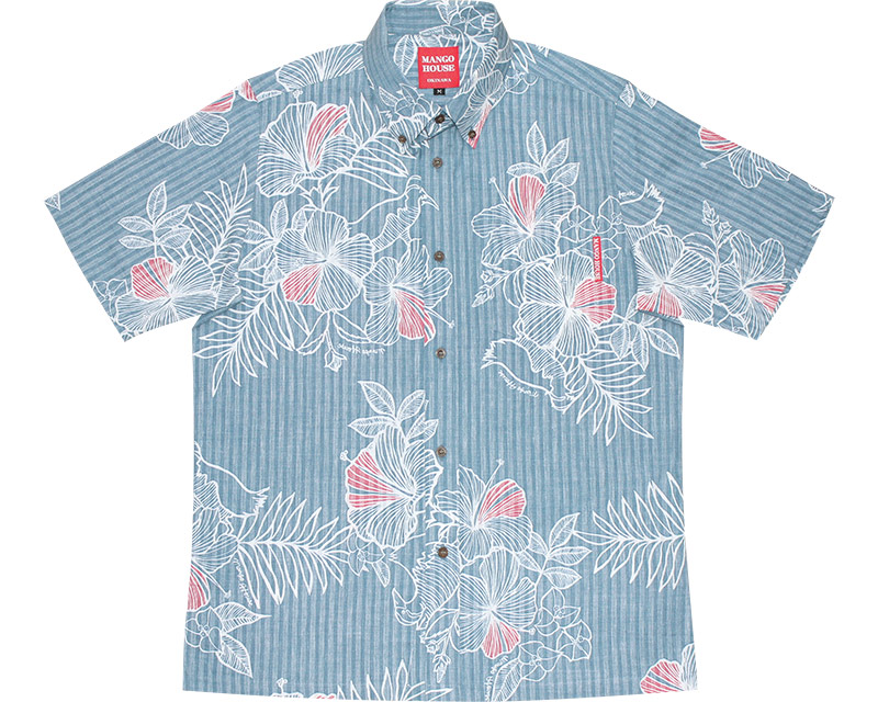 アロハシャツ　メンズスリム　かりゆしウェア　ネイビー