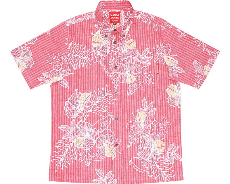 アロハシャツ　メンズスリム　かりゆしウェア　レッド