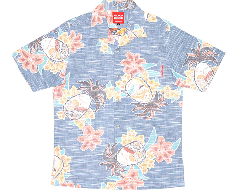 アロハシャツ　メンズスリム　かりゆしウェア　ネイビー