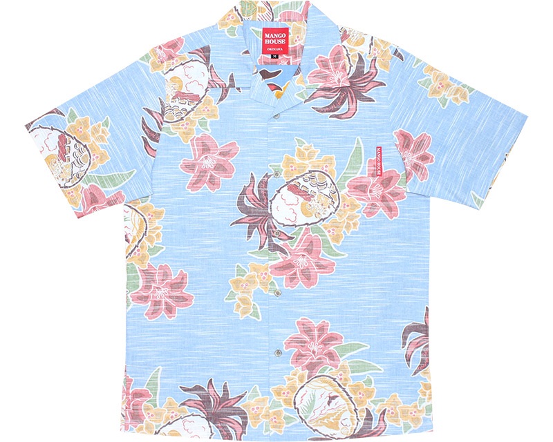 アロハシャツ　メンズスリム　かりゆしウェア　ライトブルー