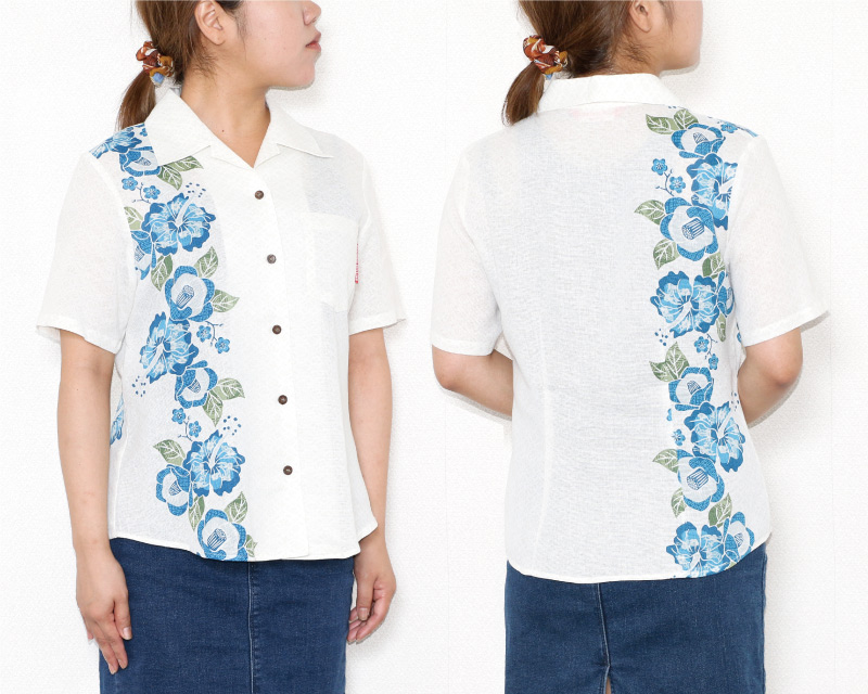 レディース　お祝いかりゆしウェア　オフブルー　ディテール