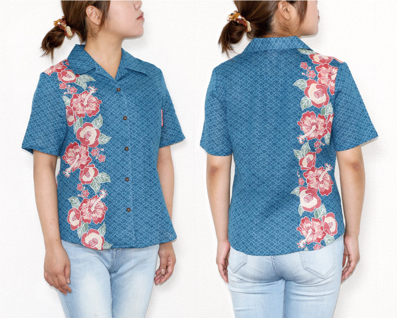 レディース　お祝いかりゆしウェア　ネイビー　ディテール