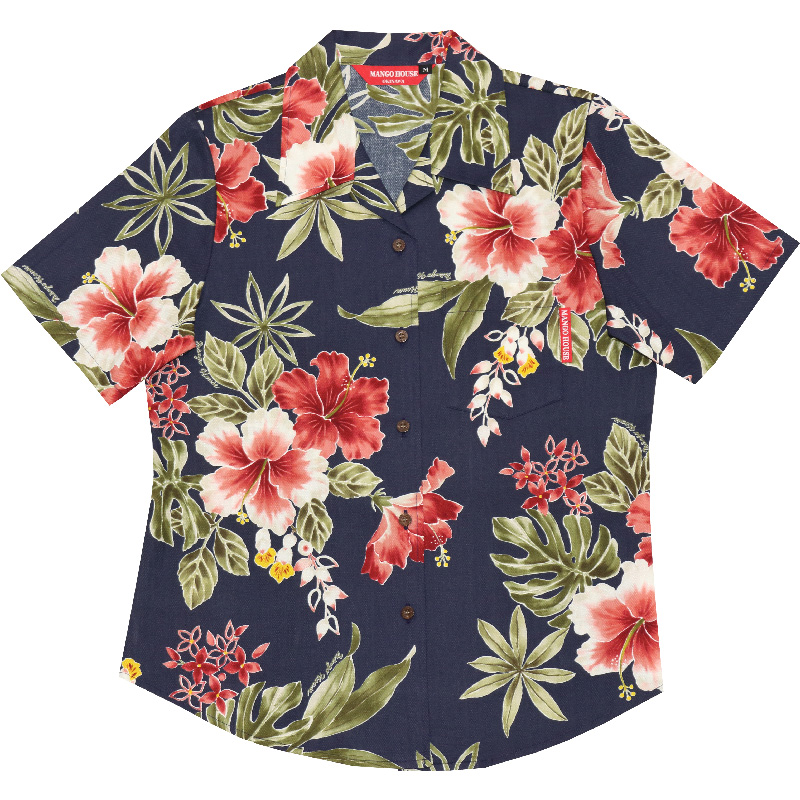 沖縄アロハシャツ　レディース　かりゆしウェア　ネイビー