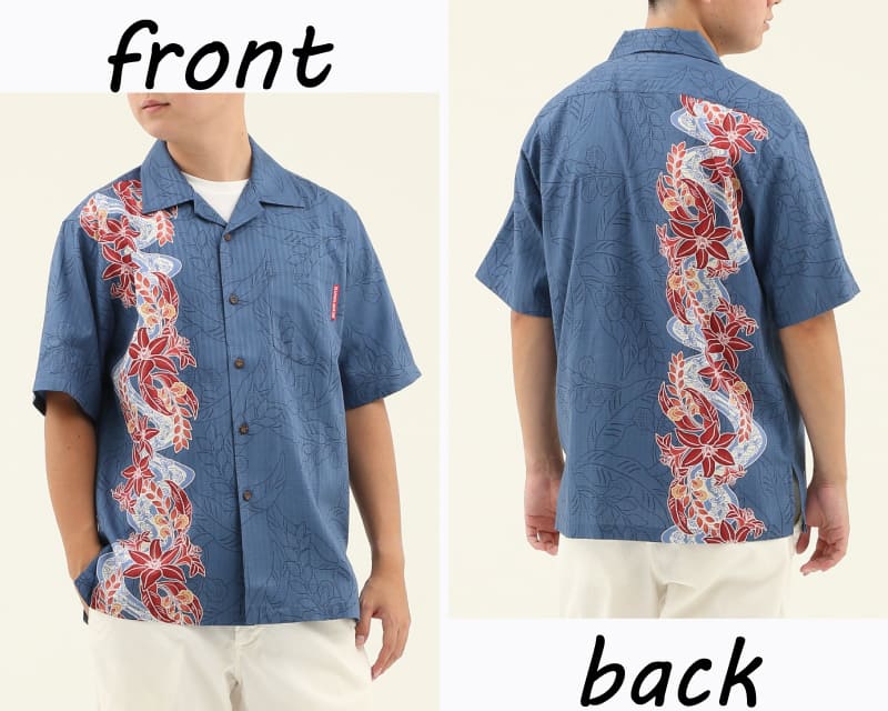 紅型テイストの爽やかなメンズ開襟かりゆしウェア　ネイビー　ディテール