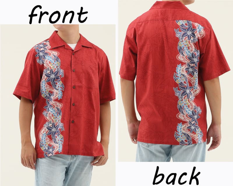 紅型テイストの爽やかなメンズ開襟かりゆしウェア　レッド　ディテール