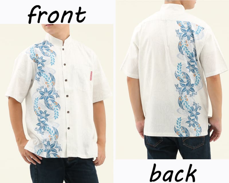 紅型テイストの爽やかなメンズかりゆしウェア　オフブルー　ディテール