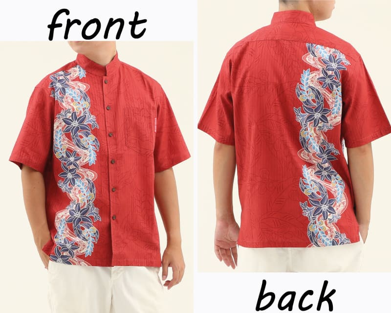 紅型テイストの爽やかなメンズかりゆしウェア　レッド　ディテール