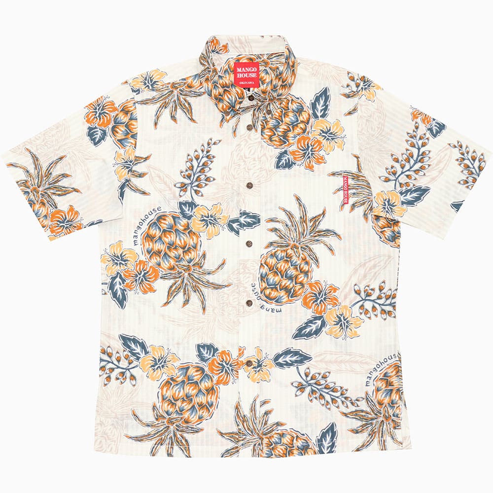 沖縄アロハシャツ　メンズスリム　かりゆしウェア　アイボリー