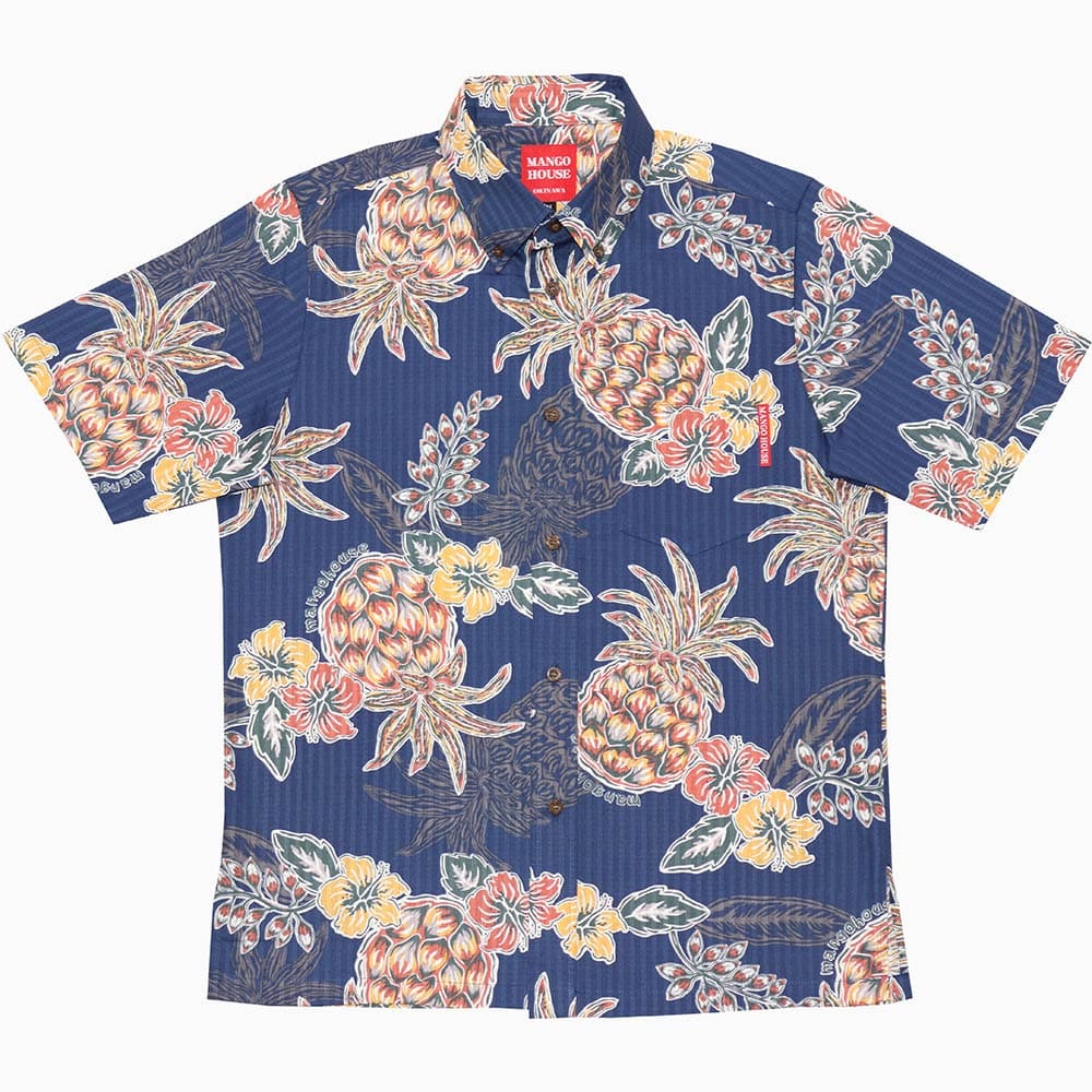 沖縄アロハシャツ　メンズスリム　かりゆしウェア　ネイビー