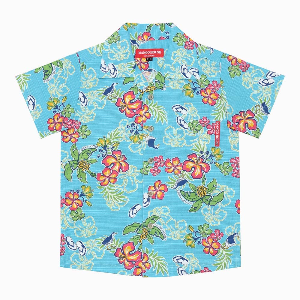 沖縄アロハシャツ　キッズ　かりゆしウェア　ブルー
