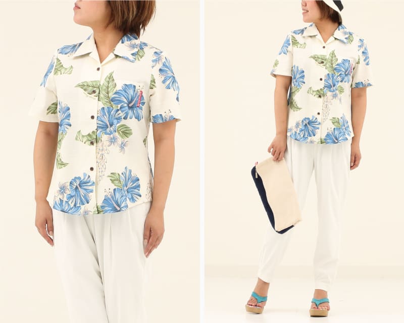 南国感じる華やかレディース夏アロハシャツ　オフブルー　ディテール