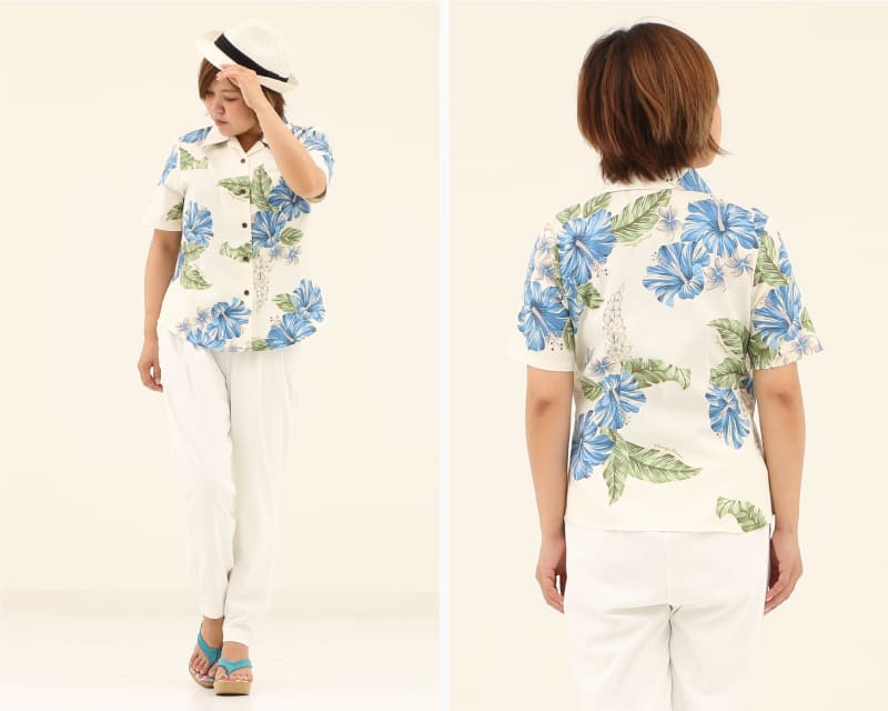 南国感じる華やかレディース夏アロハシャツ　オフブルー　ディテール