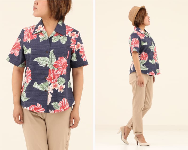 南国感じる華やかレディース夏アロハシャツ　ネイビー　ディテール