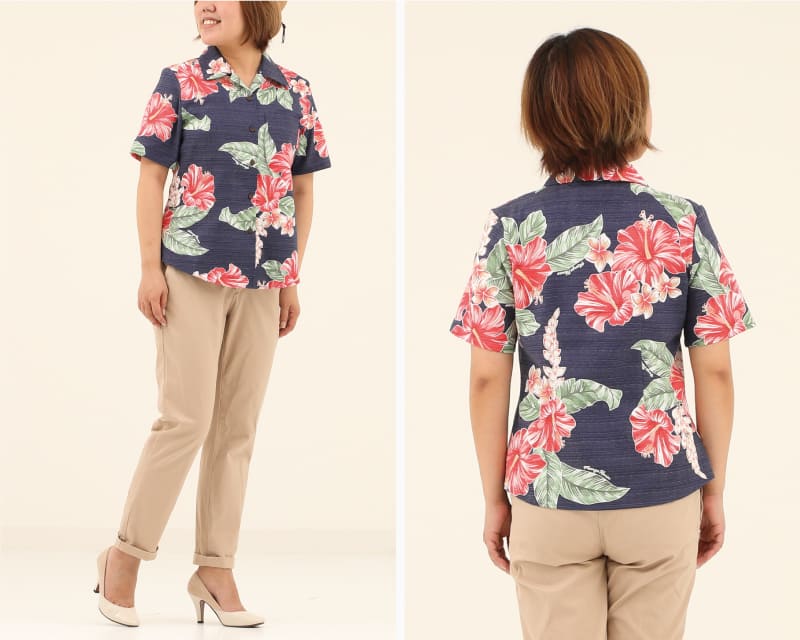 南国感じる華やかレディース夏アロハシャツ　ネイビー　ディテール