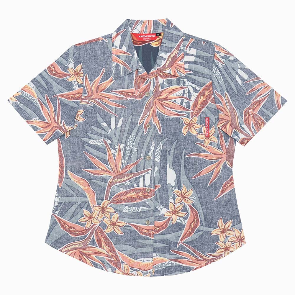 沖縄アロハシャツ　レディース　かりゆしウェア　ネイビー