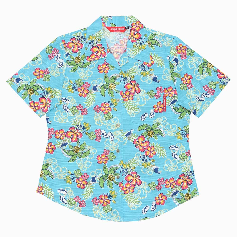 沖縄アロハシャツ　レディース　かりゆしウェア　ブルー