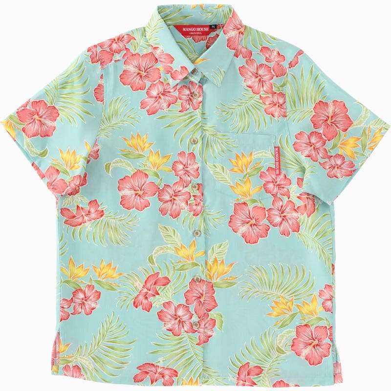 沖縄アロハシャツ　レディース　カシュクールシャツ　かりゆしウェア　ライトブルー
