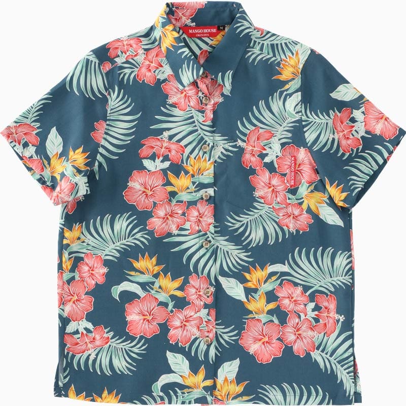 沖縄アロハシャツ　レディース　カシュクールシャツ　かりゆしウェア　ネイビー