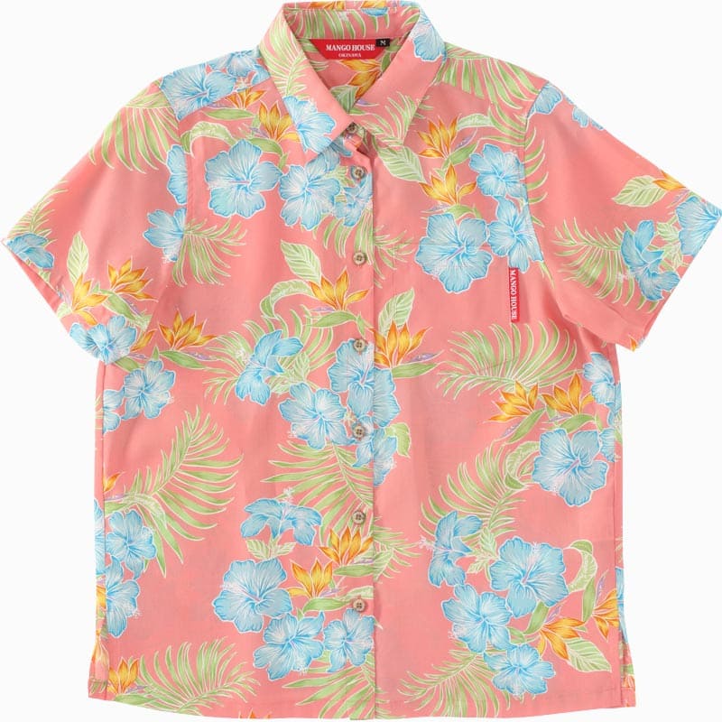 沖縄アロハシャツ　レディース　カシュクールシャツ　かりゆしウェア　ピンク