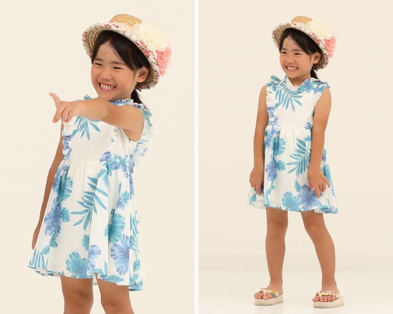 キッズ　フリルワンピース　オフブルー　ディテール