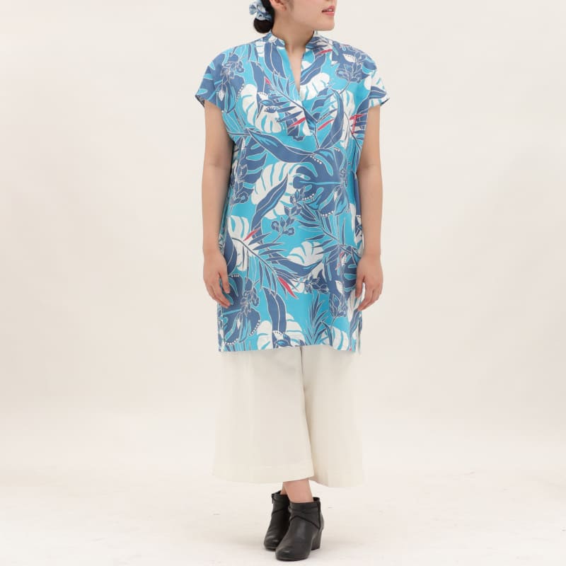 沖縄アロハシャツ　メンズ　かりゆしウェア　ブルー