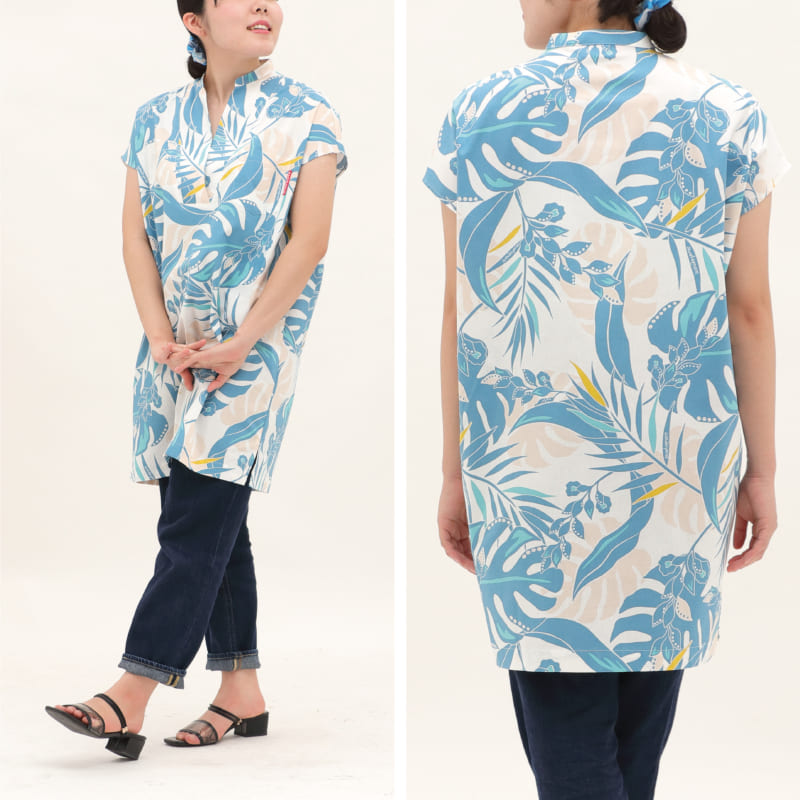沖縄アロハシャツ　かりゆしウェア　Vネックワンピース　月桃モンステラ　レディース