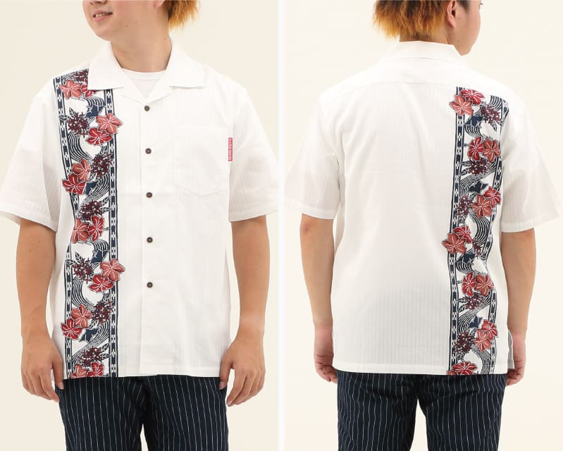 紅型モチーフで大人雰囲気を演出するボーダー柄の沖縄アロハシャツ　ホワイト