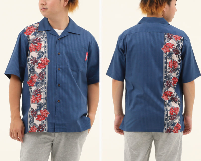 紅型モチーフで大人雰囲気を演出するボーダー柄の沖縄アロハシャツ　ネイビー