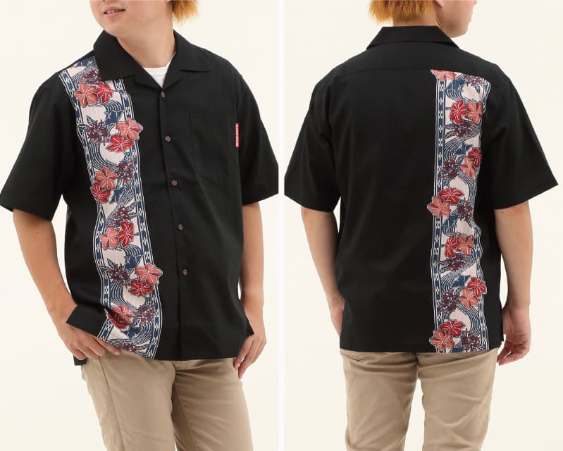 紅型モチーフで大人雰囲気を演出するボーダー柄の沖縄アロハシャツ　ブラック