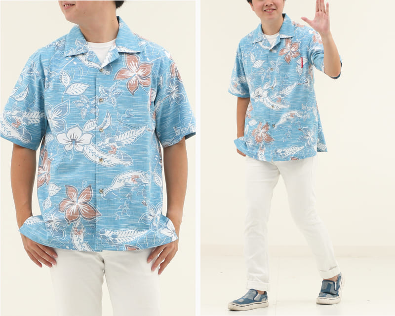 彩りをアクセントに楽しめるメンズ沖縄アロハシャツ（かりゆしウェア）　ライトブルー